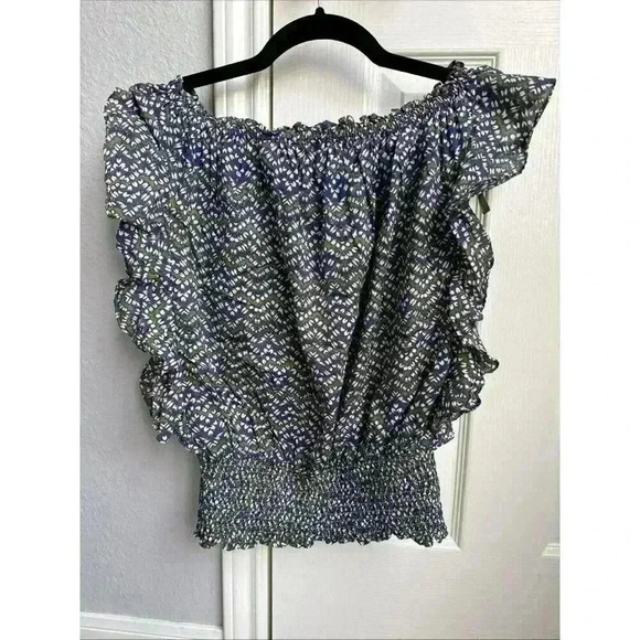 MICHAEL KORS Abstract Green Blue Print Ruffle Top Size S Elastic Waist - Picture 5 of 8